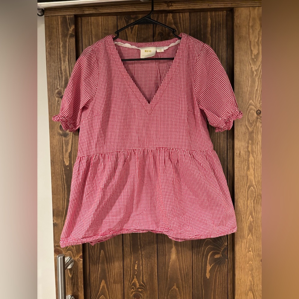 Anthropologie Maeve Babydoll Top Red Checkered Gingham Puff Sleeve Ruffles MP